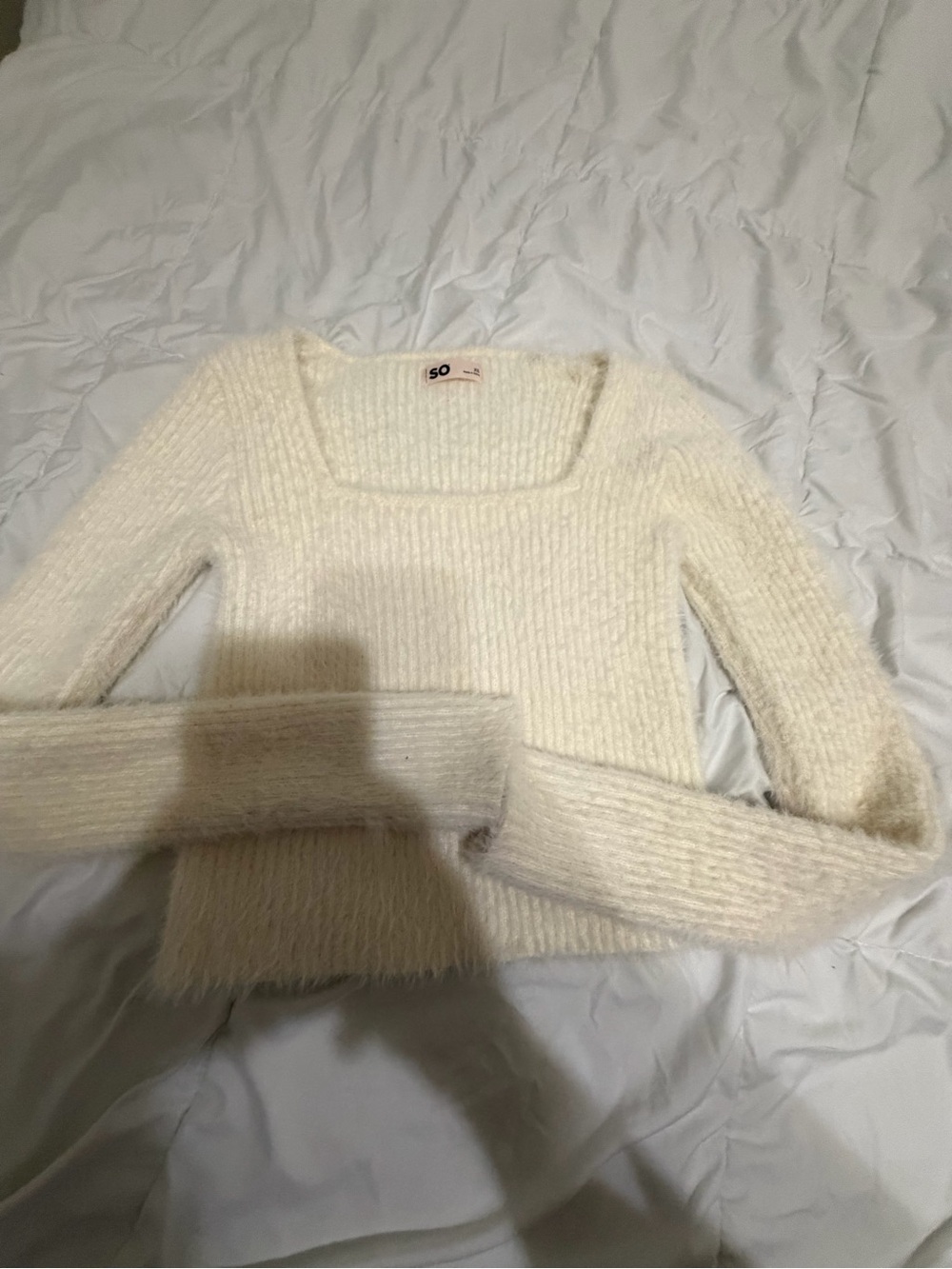 SO Cream Square-Neck Fuzzy Ribbed Crop Sweater